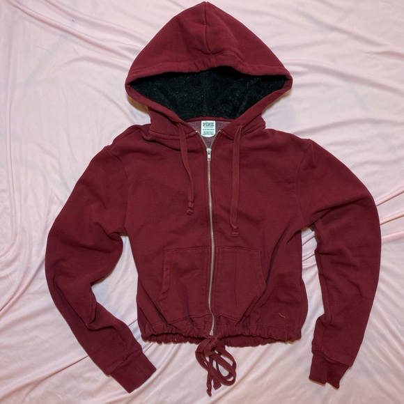 PINK Victoria’s Secret Maroon Hoodie Fuzzy Hood - Picture 1 of 10